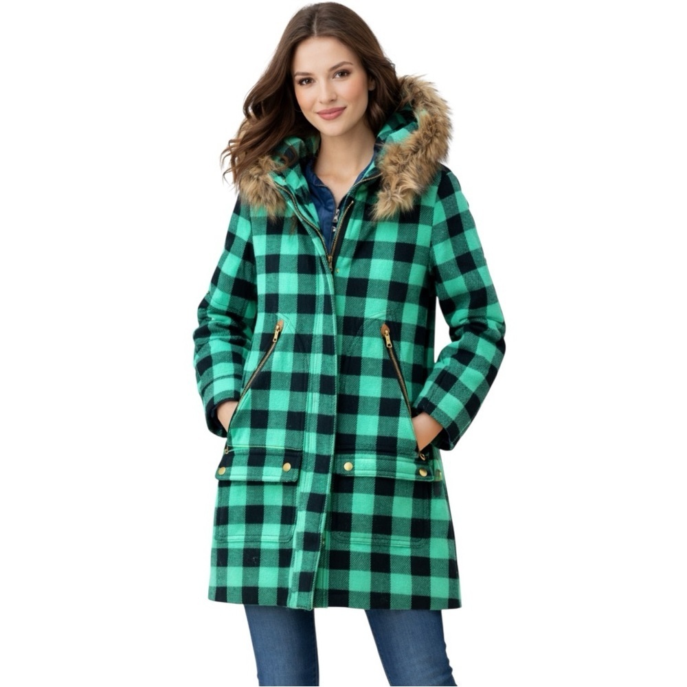 NWT J.Crew Chateau Parka Italian Stadium Cloth Size 6 Wool Green Check